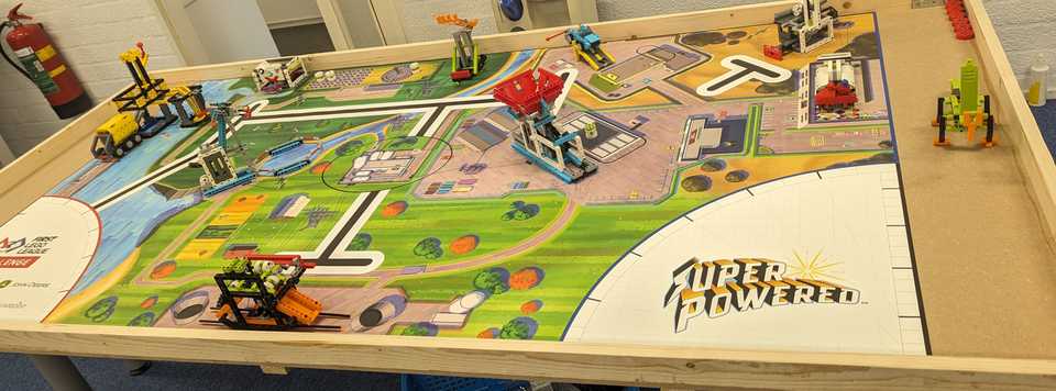 The 2023 LegoLeague play-mat laid out on an improvised table